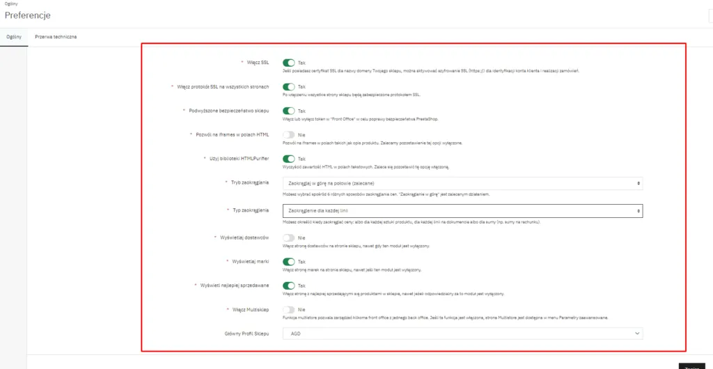 Wyjaśnienie funkcjonalności ustawień