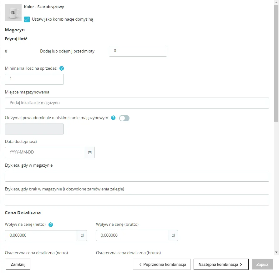 Szczegółowa edycja kombinacji