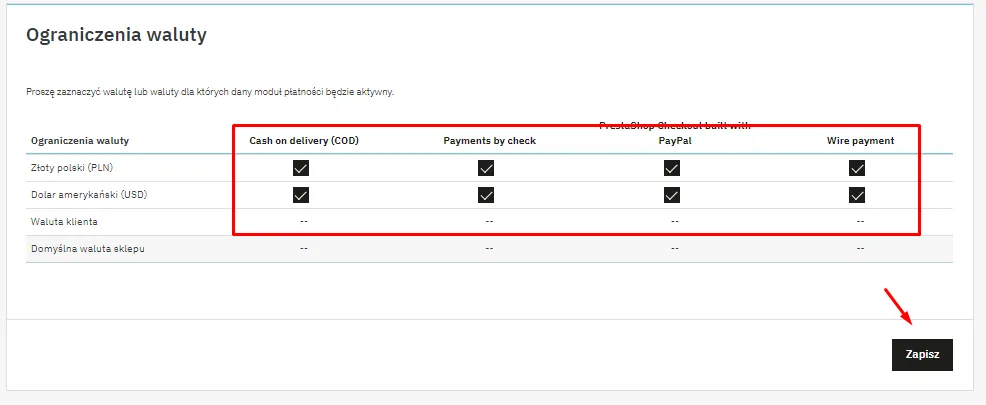 Konfiguracja walut dla płatności