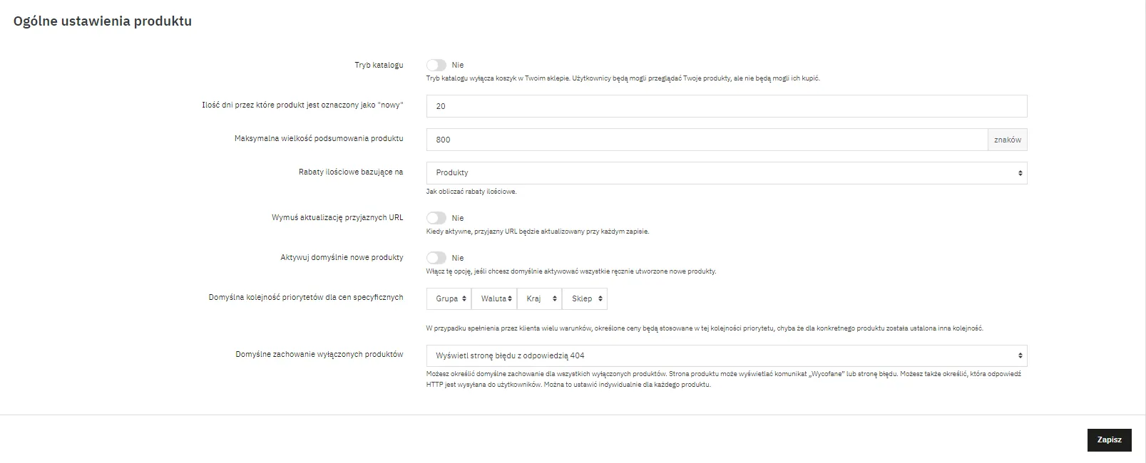 Ogólne ustawienia produktu