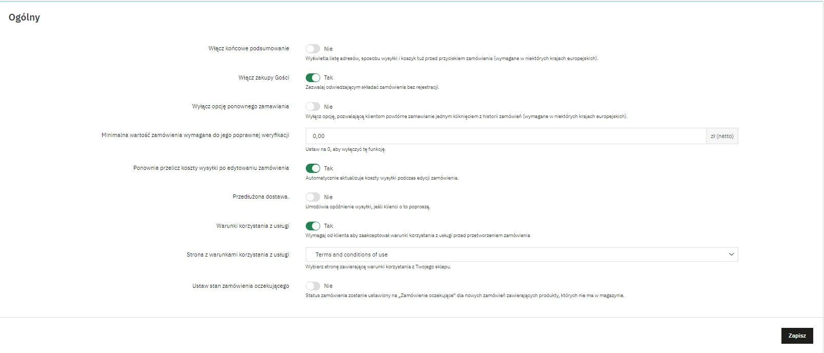 Wyjaśnienie funkcjonalności ustawień