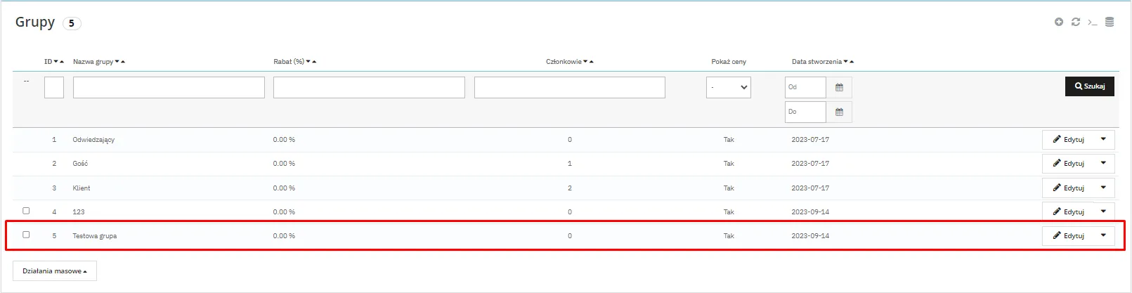 Lista grup po dodaniu