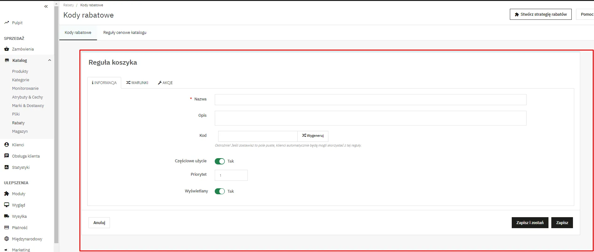 Konfiguracja informacja o rabacie